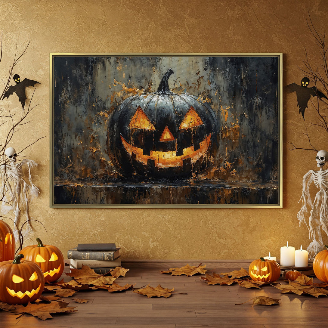 Halloween Canvas Print featuring a spooky jack-o'-lantern, dark and gold color palette. Perfect for adding a touch of eerie art to your home decor.