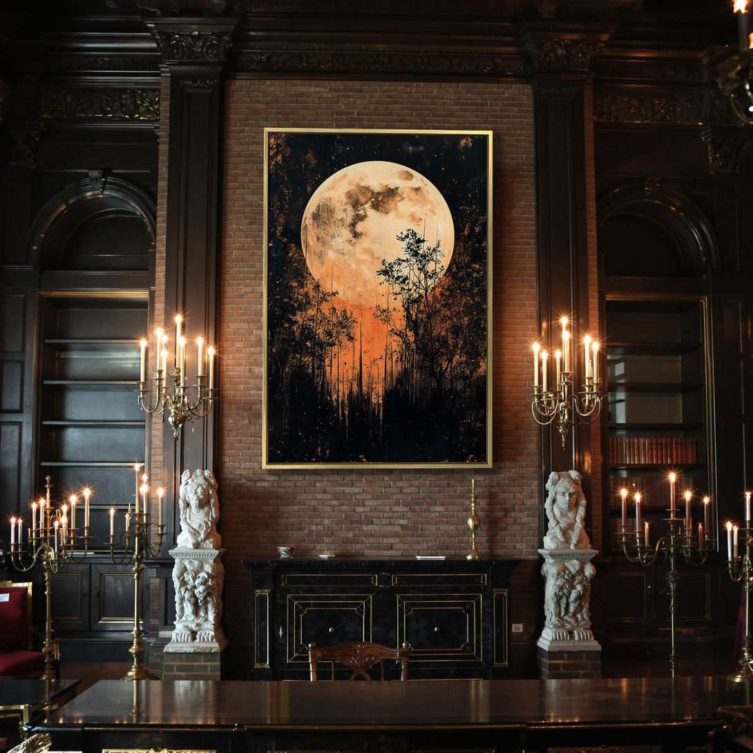 Canvas Print: Spooky moonlit forest art in orange and black. Perfect Halloween decor! Adds a touch of gothic style to any room.