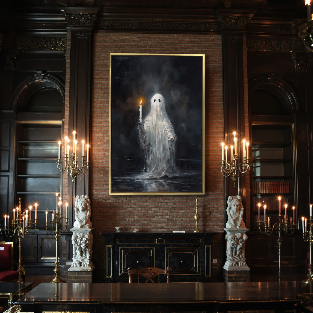 Canvas Print featuring a ghostly figure with a candle, in a dark, moody style with a cool, muted color palette. Perfect Halloween decor!