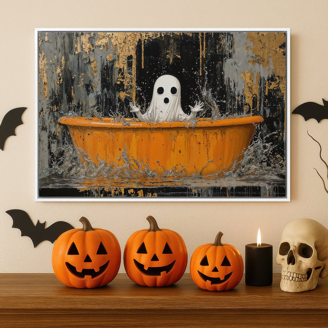 Framed Wall Art: Spooky ghost in a bathtub, abstract style, vibrant orange, black, and gold color palette. Perfect Halloween decor!