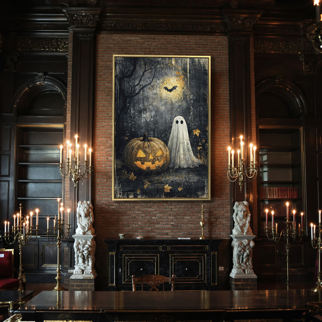 Canvas Print: Spooky Halloween art with a pumpkin, ghost, and bat. Dark, moody color palette. Perfect for fall decor.