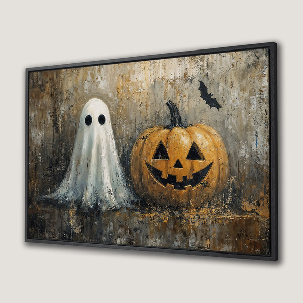 Framed Wall Art: Spooky Halloween scene with ghost, jack-o'-lantern, and bat. Rustic, textured style in warm, earthy tones. Perfect for fall decor!