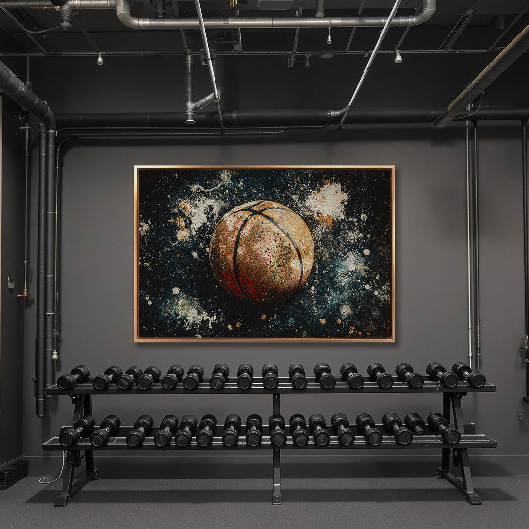 Framed Wall Art: Abstract basketball art print in a modern gym setting. Features a dark, moody color palette with teal, orange, and black. Elevate your space!