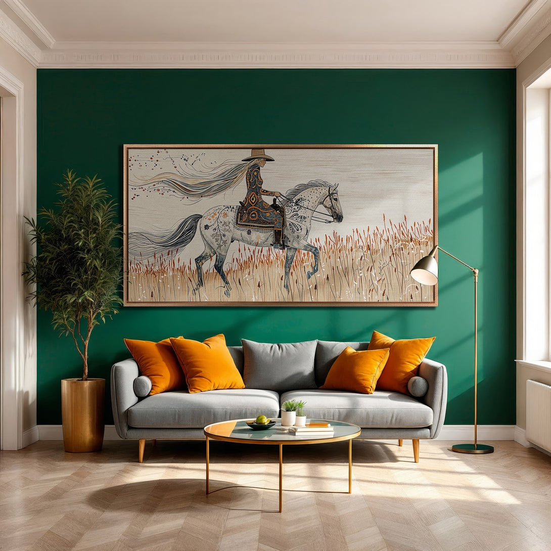 Framed Wall Art featuring a woman on horseback in a neutral palette. Rustic style Canvas Print with green, orange, and gold accents in a stylish interior.
