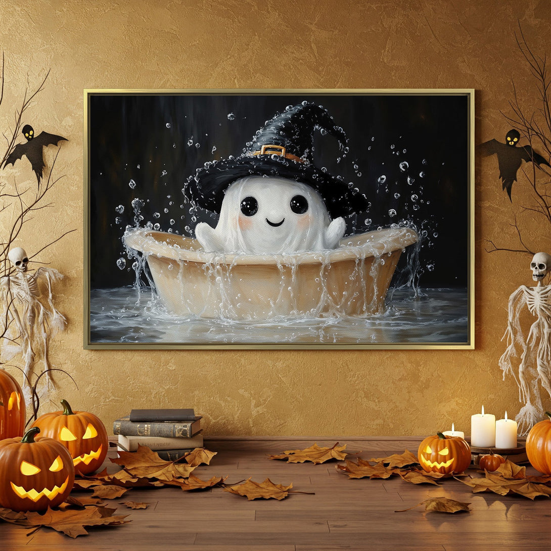 Halloween Canvas Print featuring a cute ghost in a witch hat, set in a spooky interior with orange and black accents.