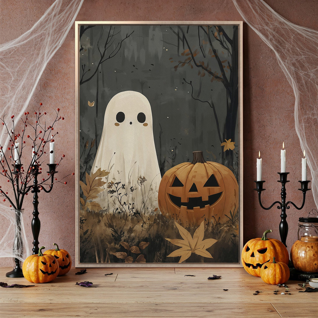 Framed Wall Art: Spooky ghost and pumpkin scene in neutral tones. Perfect Halloween decor for your home! Get yours today!