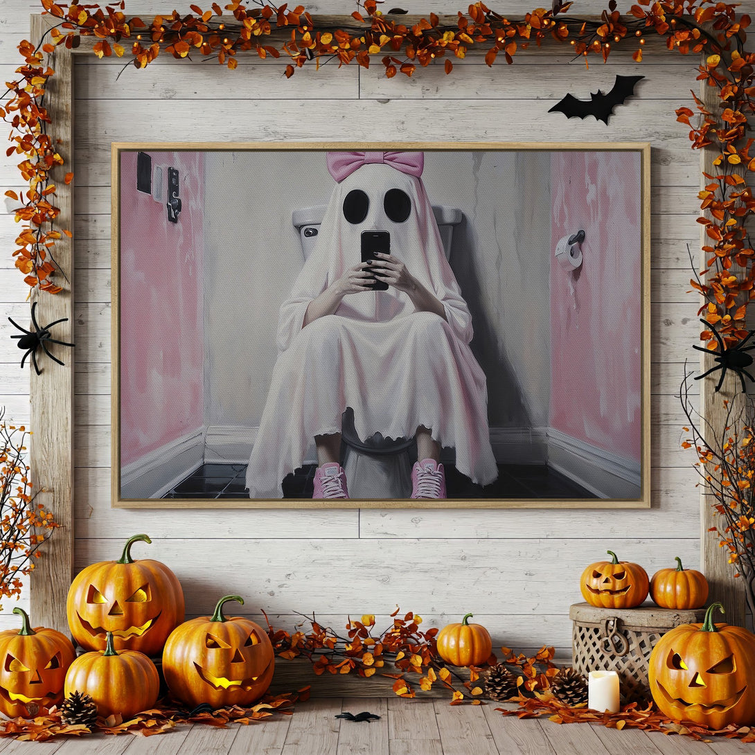 Framed Wall Art: Spooky ghost on the toilet with a phone, pastel pink and gray color palette. Perfect Halloween decor for a unique, artistic touch.