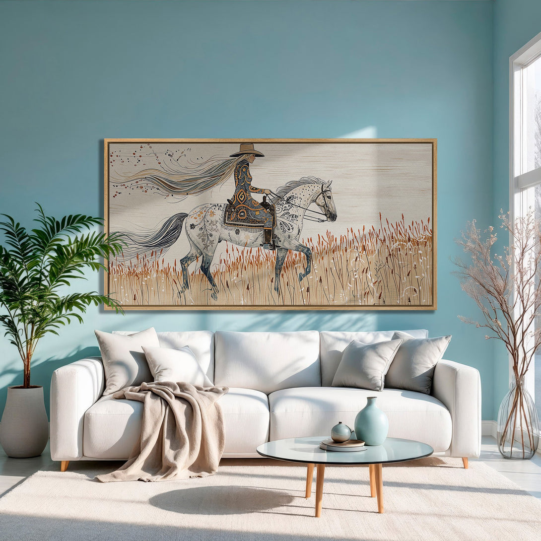 Framed Wall Art: Bohemian horse illustration in neutral tones. Perfect for adding a touch of nature and style to your living room.