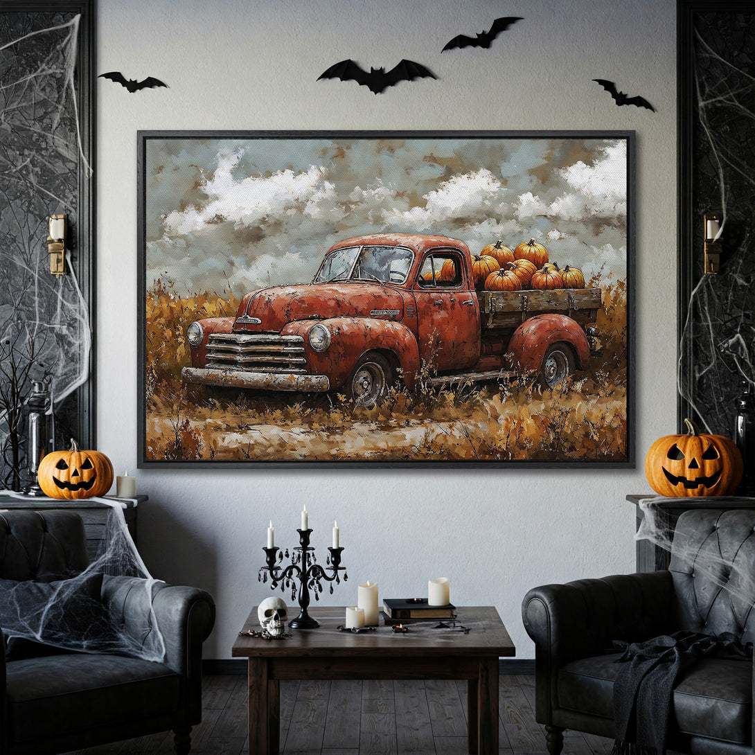 Framed Wall Art: Rustic red truck with pumpkins in a fall landscape. Warm, autumnal color palette. Perfect for Halloween decor!