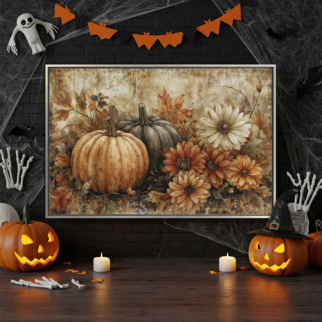 Framed Wall Art featuring pumpkins & flowers in warm autumnal tones. Perfect fall decor! Shop our Canvas Print collection today.
