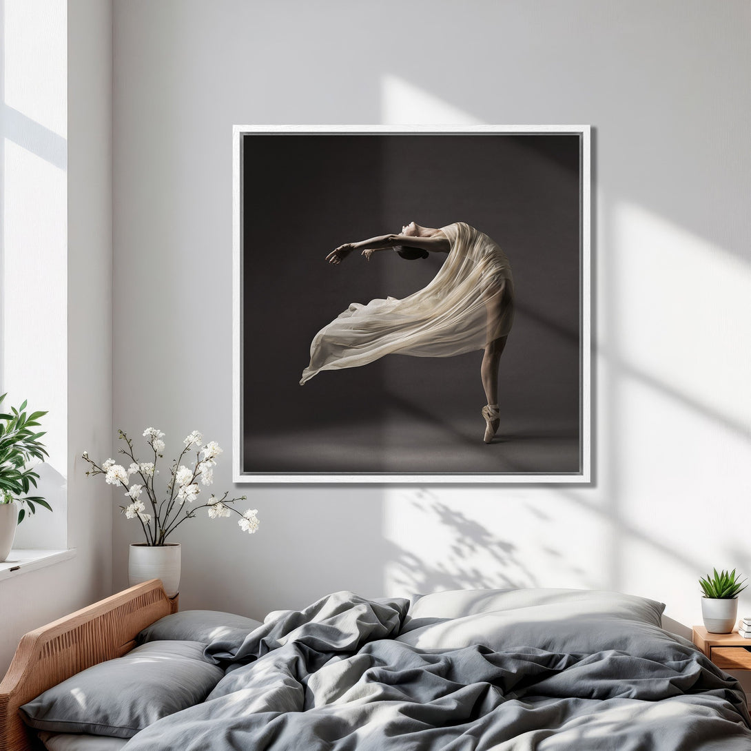 Framed Wall Art: Elegant ballet dancer in flowing fabric, neutral tones. Modern decor with a touch of grace, perfect for bedroom or living room.