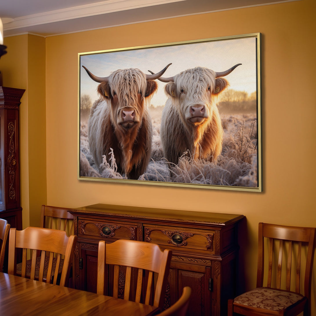 Canvas Print of Highland cows in a warm, rustic interior. Earthy tones and a cozy aesthetic for your home decor.