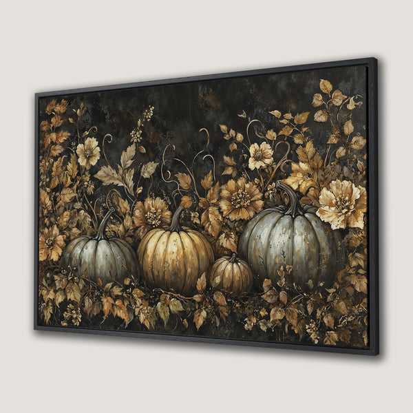 Framed Wall Art featuring a fall harvest scene with pumpkins and florals in a warm, muted gold and black color palette. Perfect for autumn decor.