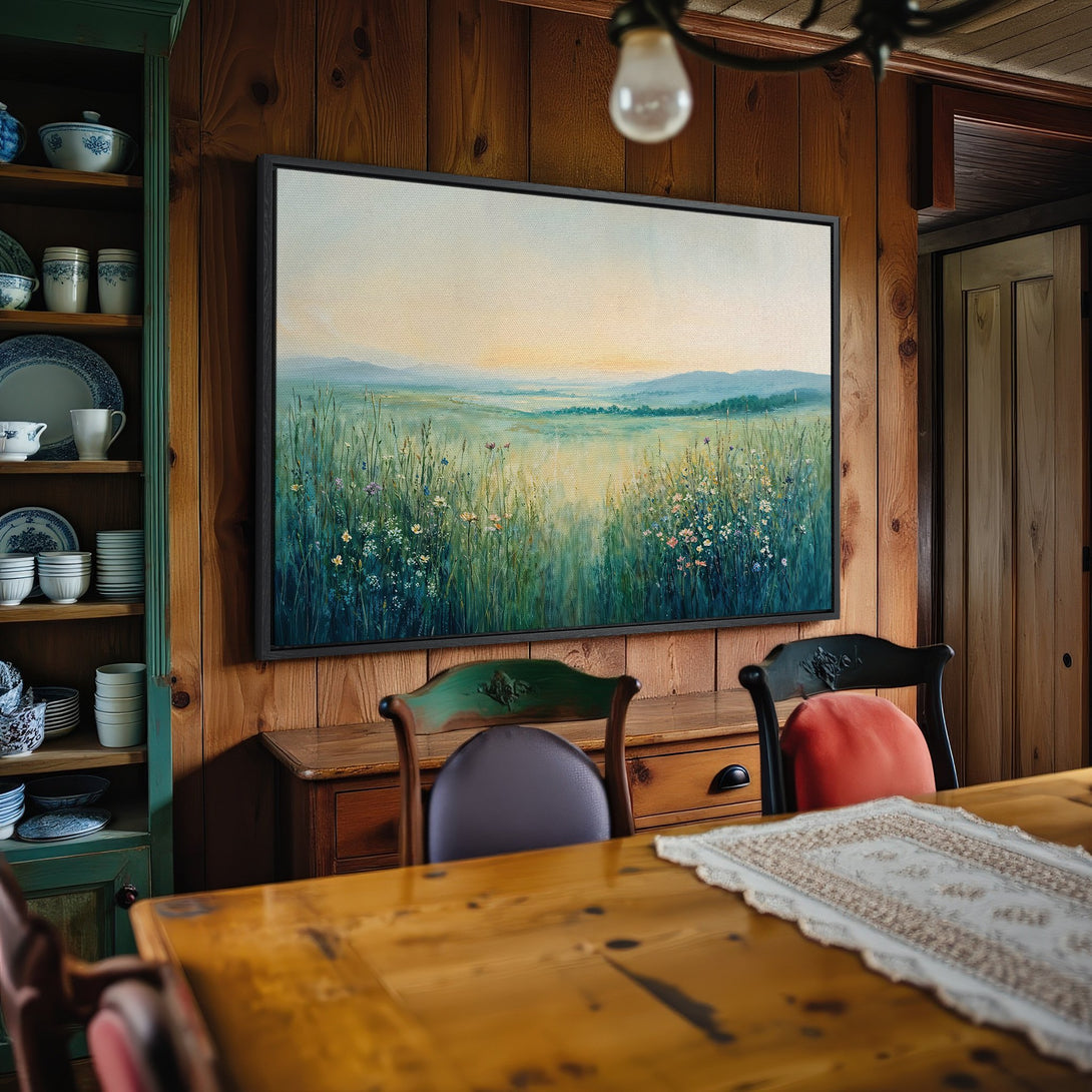 Framed Wall Art: Serene landscape Canvas Print with a vibrant green, blue, and yellow color palette. Perfect for adding a touch of nature to your home decor.