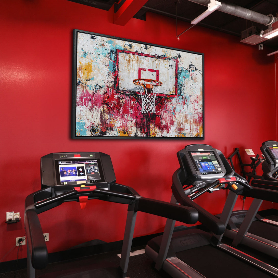 Framed Wall Art: Abstract basketball hoop art with a vibrant red, blue, and yellow color palette. Perfect for gym decor or modern spaces.