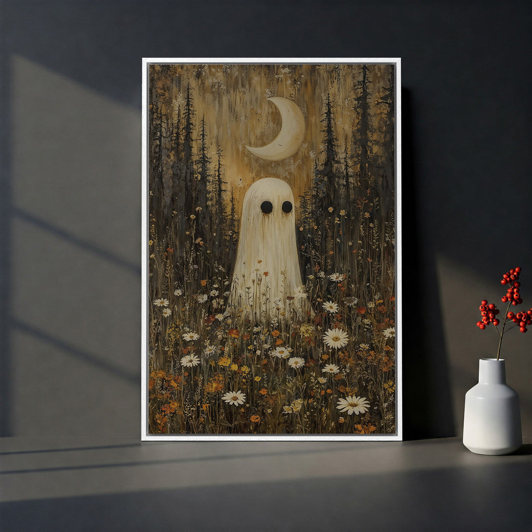 Framed Wall Art featuring a whimsical ghost in a field of flowers. Warm, earthy tones with a touch of spooky charm. Perfect for adding character to any space.