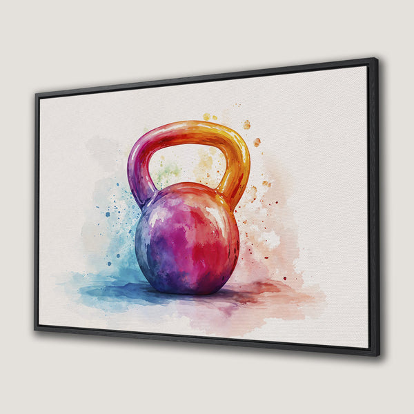 Framed Wall Art: Watercolor kettlebell print with vibrant rainbow colors. Perfect fitness decor for any home gym or workout space.