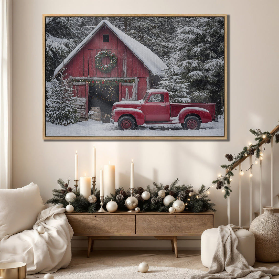 Framed Wall Art: Rustic red barn and truck in winter snow scene. Warm, inviting colors perfect for cozy home decor. Bring the outdoors in!