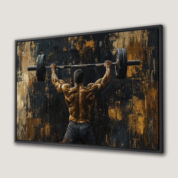 Framed Wall Art: Abstract artwork of a weightlifter with a black and gold color palette. Perfect for gym decor and fitness enthusiasts.