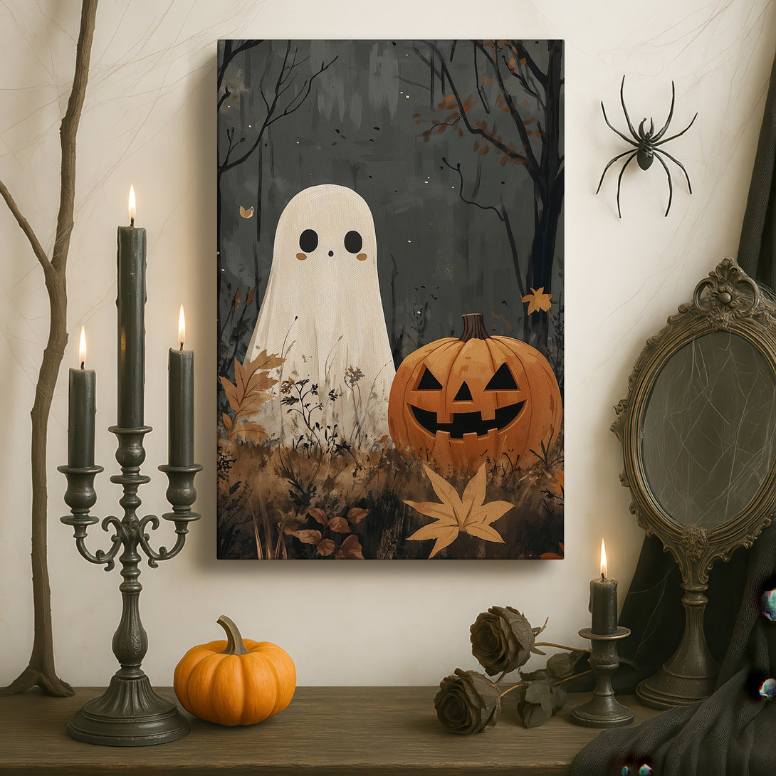 Framed Wall Art featuring a cute ghost and pumpkin in a spooky forest scene. Neutral color palette, perfect for Halloween decor.