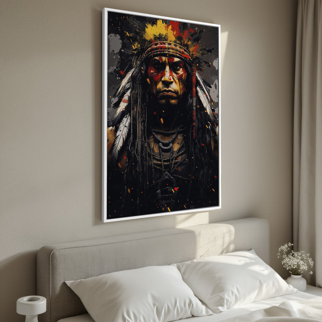 Framed Wall Art featuring a Native American portrait. Bold, expressive style with a dark, earthy color palette of red, yellow, and black. Perfect for adding character.