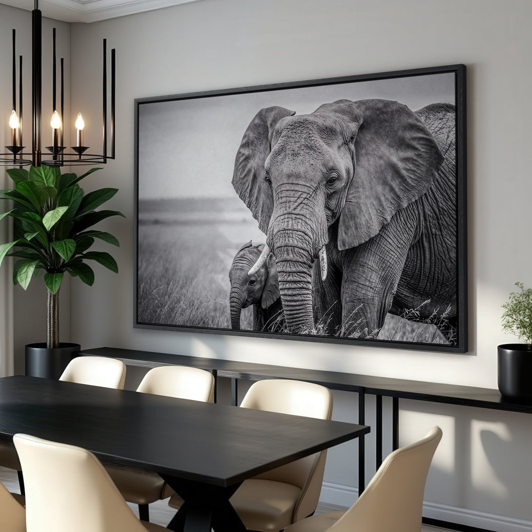 Framed Wall Art: Stunning black and white elephant canvas print, perfect for modern decor. Adds a touch of wildlife elegance to any room.