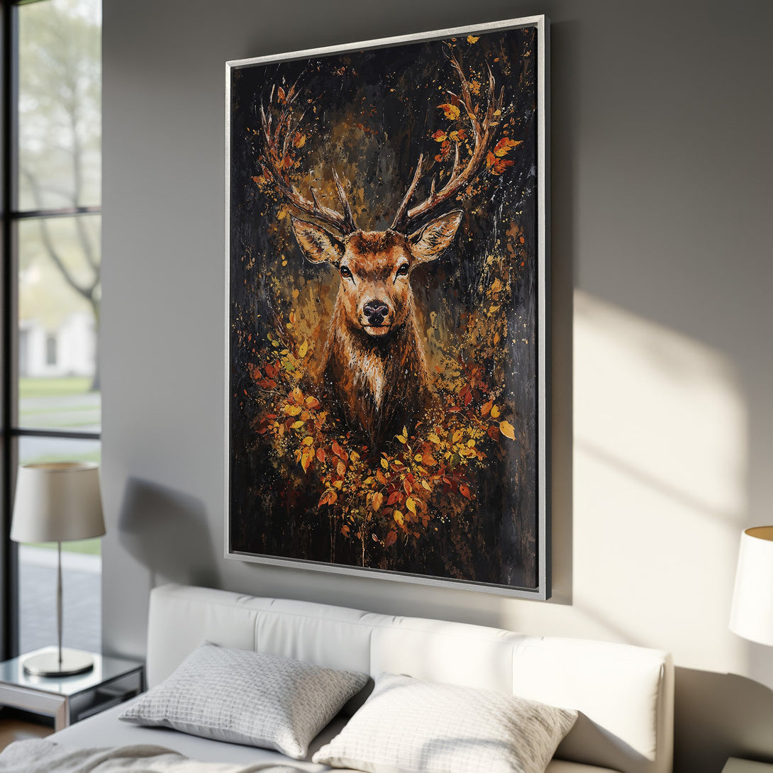 Framed Wall Art: Majestic deer portrait in warm autumn colors. Stunning canvas print with a dark, painterly style. Perfect for living room decor.