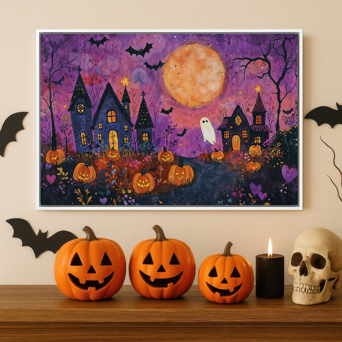 Framed Wall Art: Spooky Halloween scene with pumpkins, haunted houses, and a full moon in a purple and orange color palette. Perfect for seasonal decor!