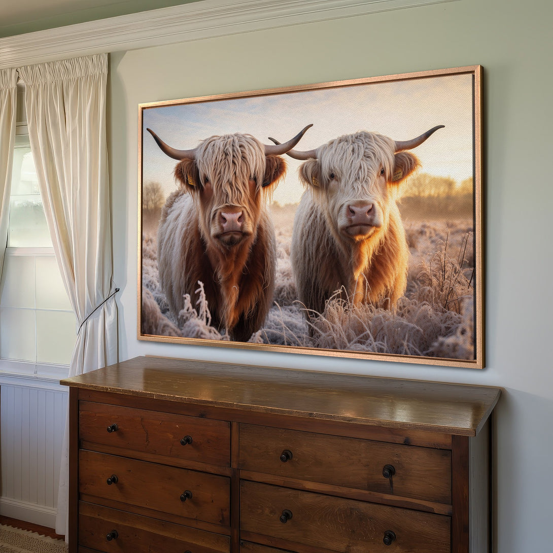 Framed Wall Art featuring two Highland cows in a warm, rustic style. Earthy tones and golden light create a cozy, inviting atmosphere. Perfect for farmhouse decor!