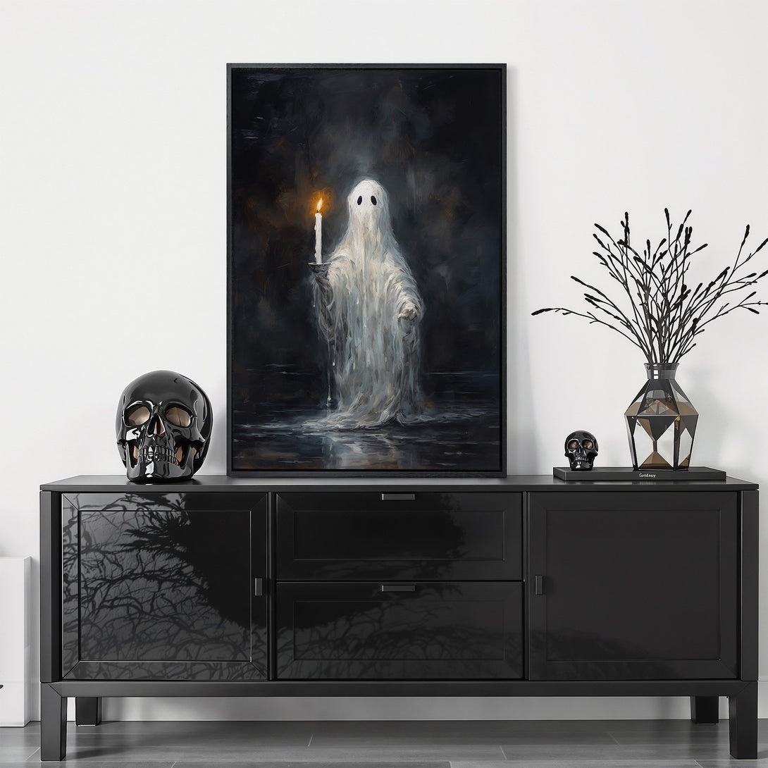 Framed Wall Art: Spooky ghost holding candle, dark moody painting in a black frame. Perfect Halloween decor, featuring a dramatic black and white color palette.