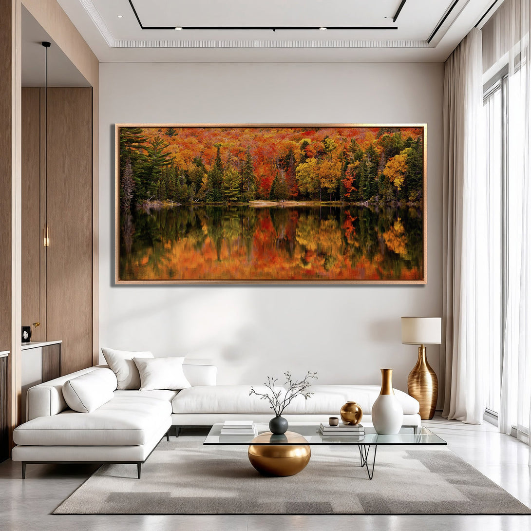 Framed Wall Art: Stunning autumn forest landscape Canvas Print in warm tones. Perfect for adding a touch of nature-inspired art to your home decor.