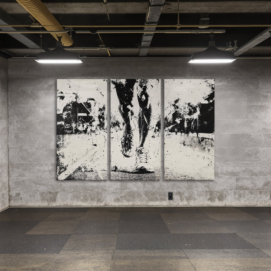 Canvas Print: Abstract black and white art of running legs. Modern wall decor with a minimalist style and neutral color palette.