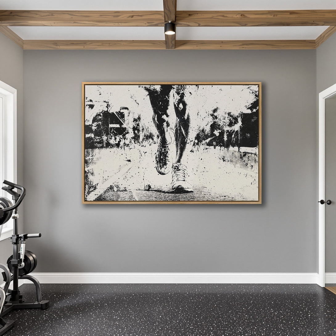 Framed Wall Art: Abstract black and white running legs canvas print. Modern art for home gym decor. Neutral color palette.