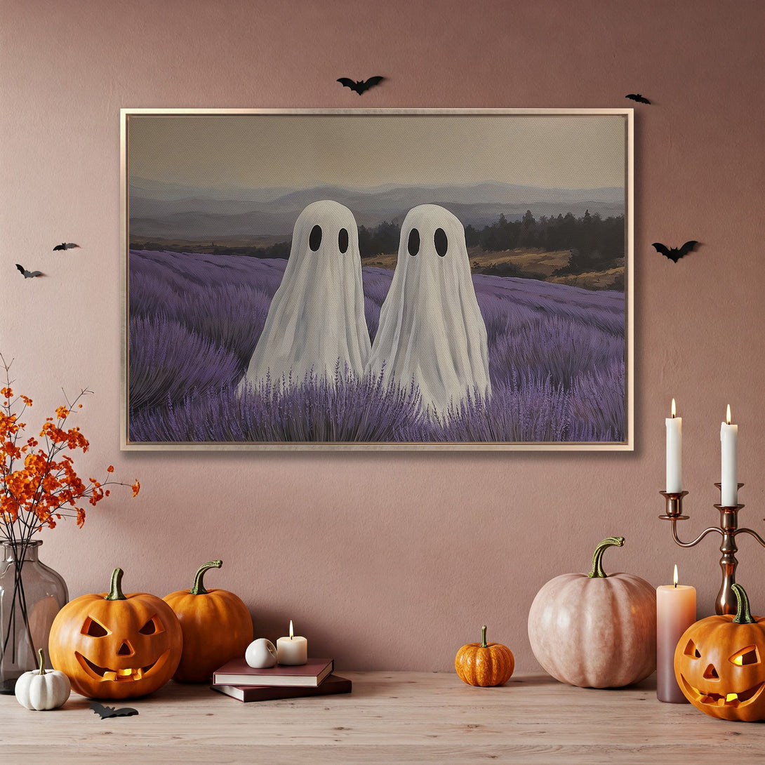 Framed Wall Art: Spooky ghost painting in lavender field. Halloween decor with a warm, earthy color palette. Perfect for seasonal home accents.