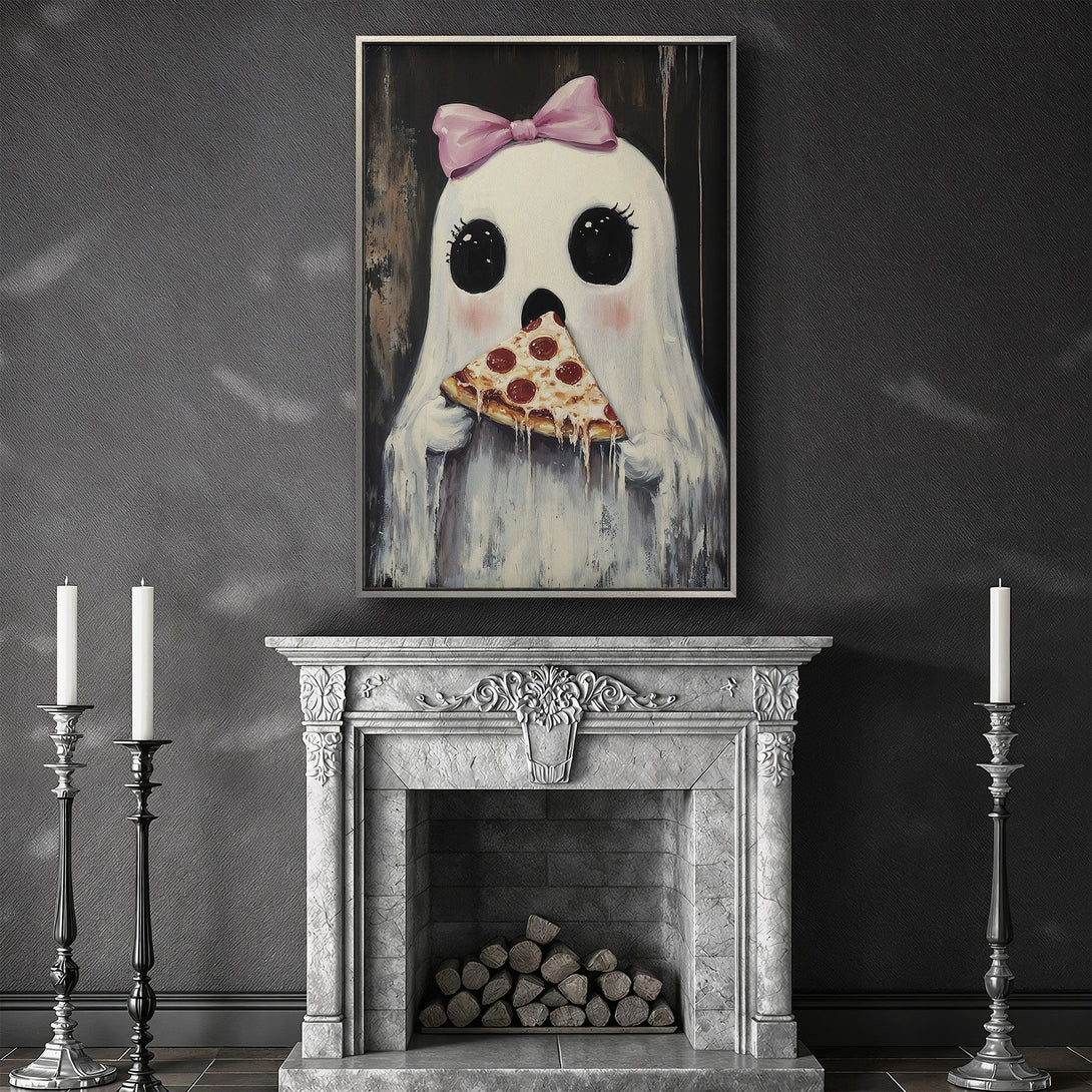 Framed Wall Art: Adorable ghost eating pizza. Whimsical art in a white, pink, black, and gray palette. Perfect for adding a playful touch to your home decor.