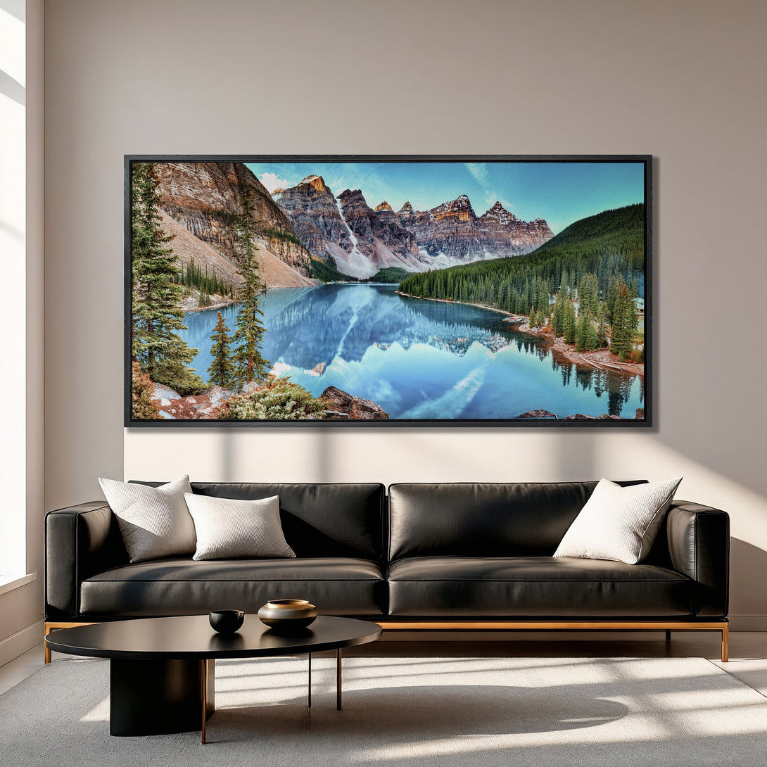 Framed Wall Art: Majestic mountain lake landscape Canvas Print in blue, green, and brown tones. Perfect for living room decor.