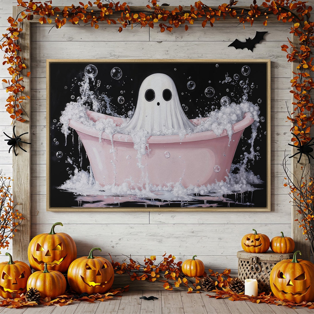 Framed Wall Art: Spooky ghost in a bathtub, whimsical illustration. Halloween decor with orange, pink, and black color palette. Perfect for fall!