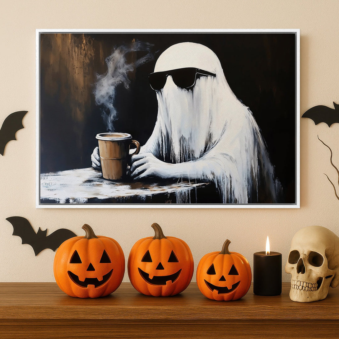 Framed Wall Art: Cool ghost enjoying coffee. Black, white, and brown color palette. Perfect Halloween decor for your home!