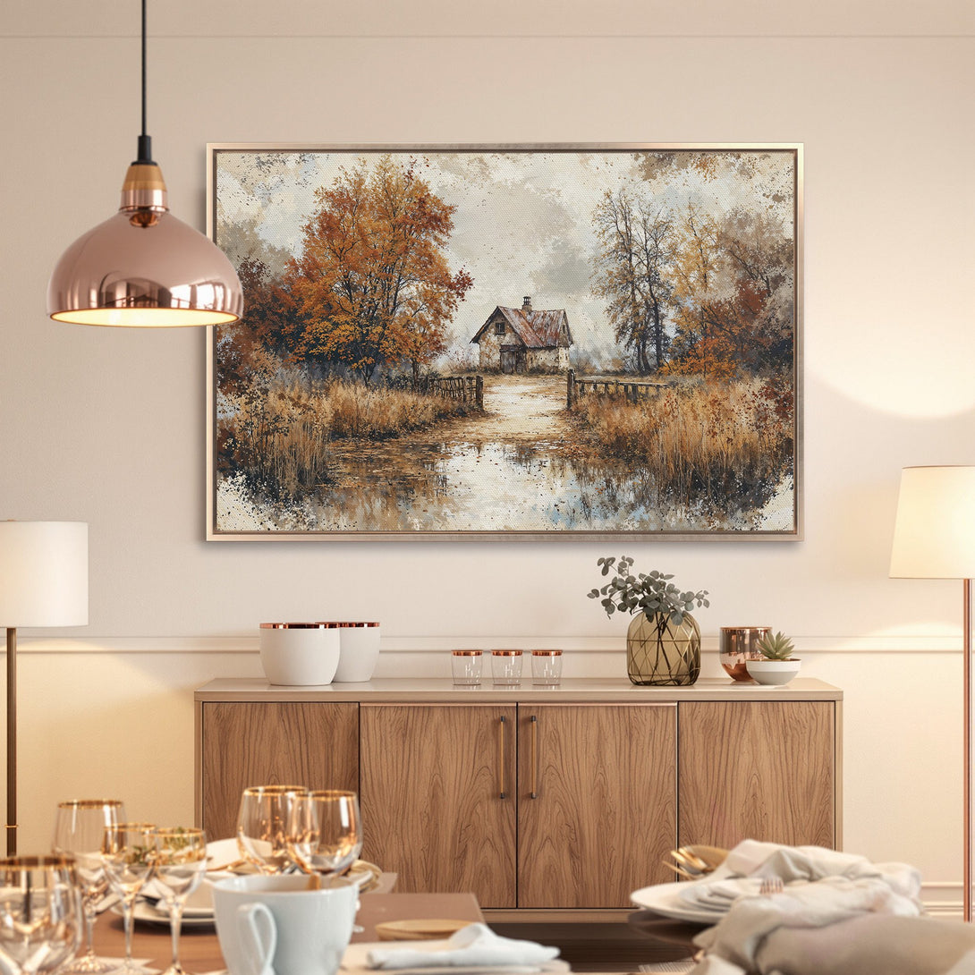 Framed Wall Art: Rustic landscape with warm autumn colors. Enhance your home with this beautiful canvas print. Perfect for living rooms and dining areas.
