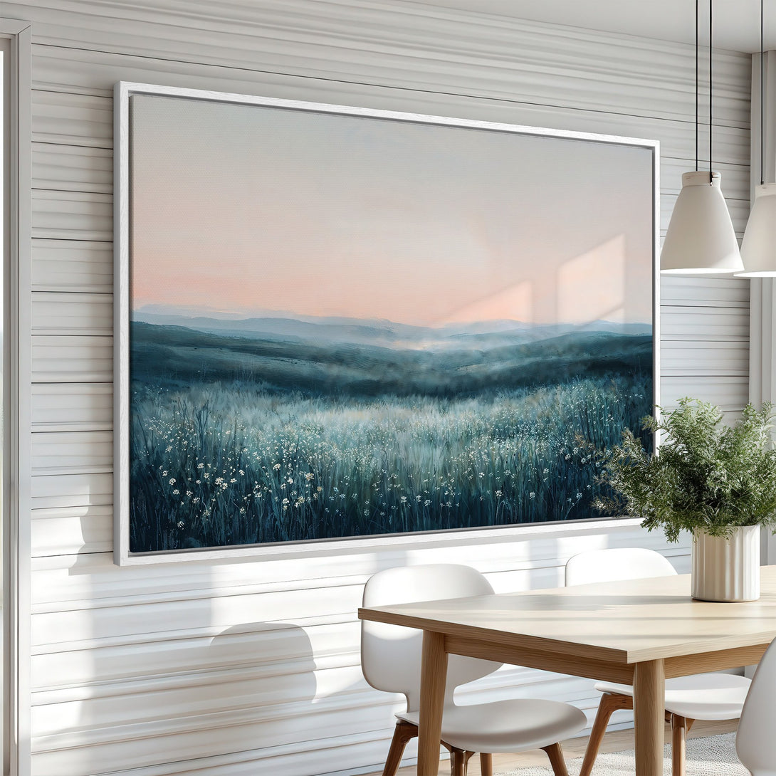 Framed Wall Art: Serene landscape Canvas Print with a calming blue and pink color palette. Perfect for adding a touch of nature and tranquility to any room.