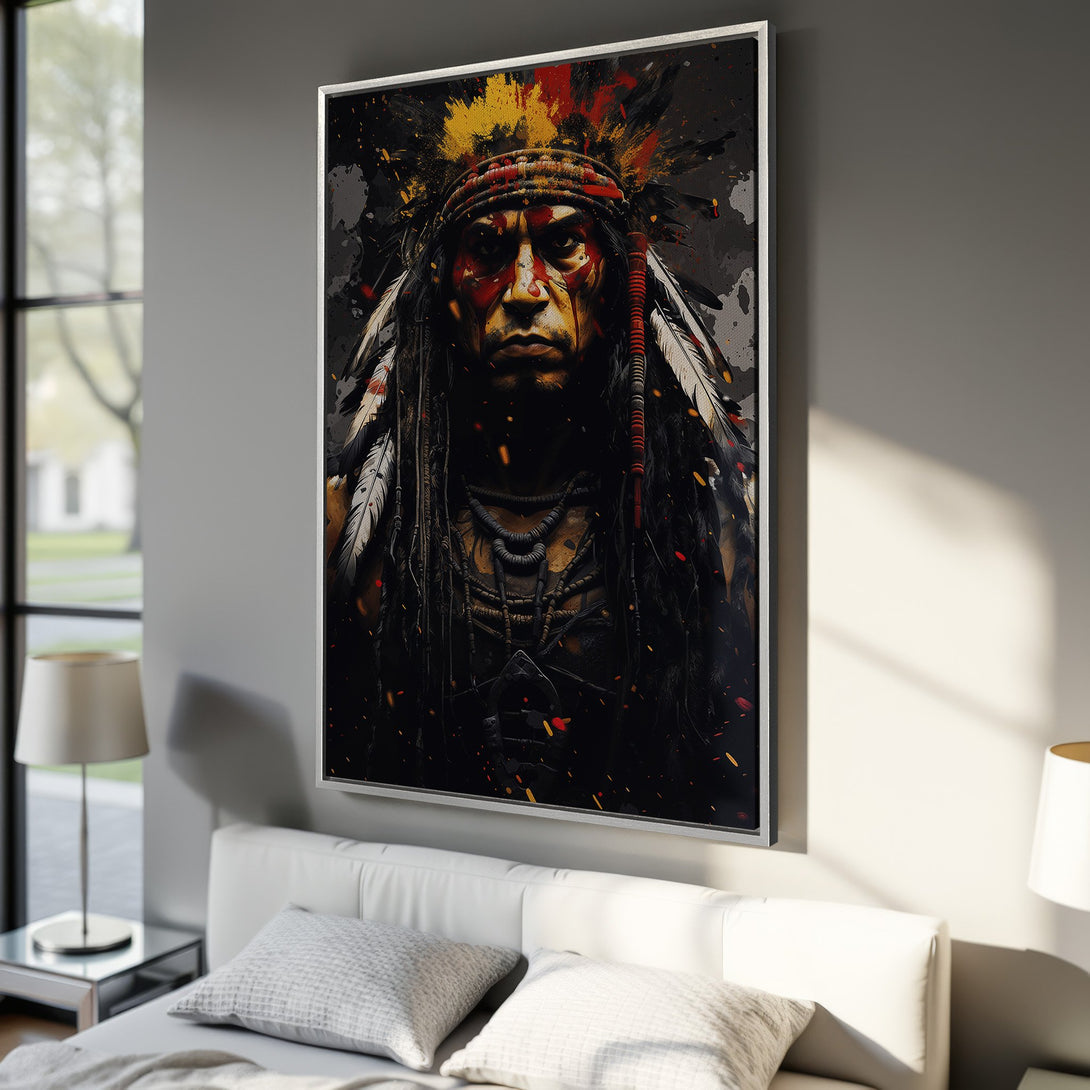 Framed Wall Art: Native American portrait in vibrant red, yellow, and black. Dramatic, abstract style Canvas Print for your living room. Elevate your space!