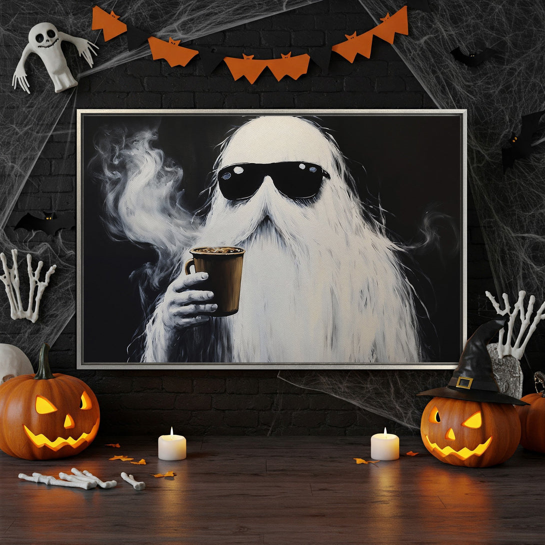 Framed Wall Art: Cool ghost sipping coffee, black & white art with a touch of brown. Perfect Halloween decor for a spooky, stylish vibe.