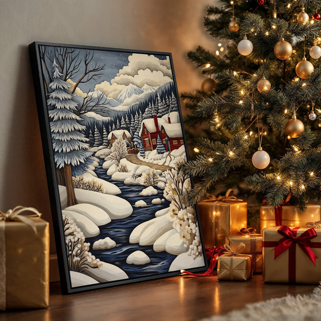 Framed Wall Art: Winter landscape Canvas Print with a cozy cabin scene. Featuring a blue, white, and red color palette, perfect for holiday decor.