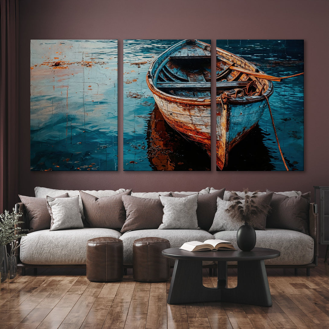 Canvas Print of a weathered boat on water, blue and brown tones, perfect for coastal decor. Modern art for your living room.