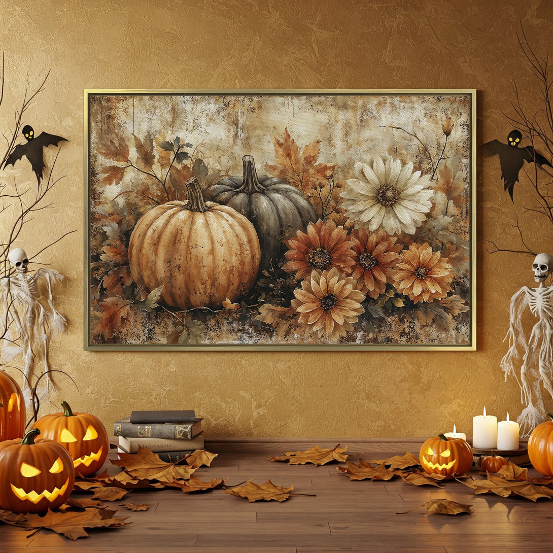 Canvas Print featuring a rustic Halloween scene with pumpkins, flowers, and a warm, autumnal color palette. Perfect for seasonal decor!
