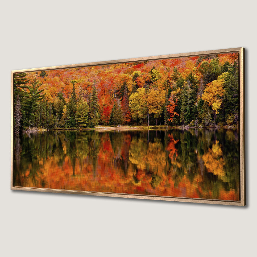 Framed Wall Art: Stunning autumn landscape Canvas Print. Vibrant fall foliage reflecting in calm lake. Rich orange, yellow, and green hues. Perfect for home decor.