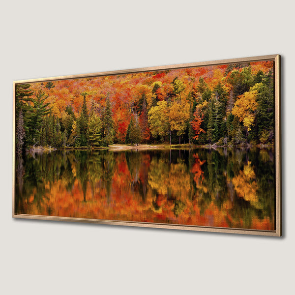Framed Wall Art: Stunning autumn landscape Canvas Print. Vibrant fall foliage reflecting in calm lake. Rich orange, yellow, and green hues. Perfect for home decor.
