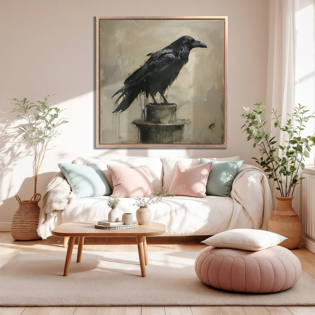 Framed Wall Art: Black raven painting in neutral tones. Modern art decor with a soft, warm color palette. Perfect for living room or bedroom.