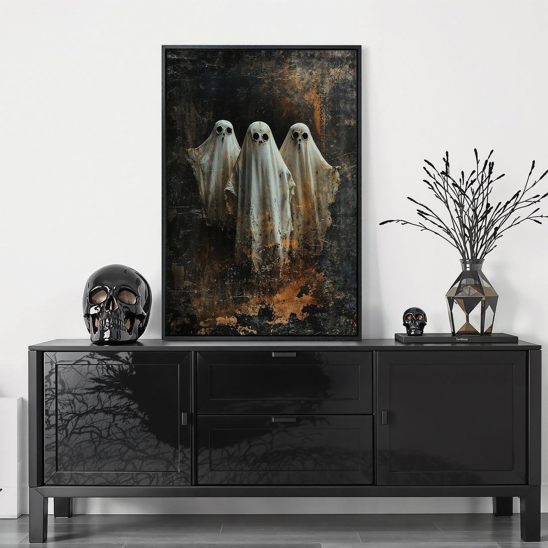 Framed Wall Art featuring spooky ghost art in a dark, textured style. A hauntingly beautiful piece with a moody, black, white, and brown color palette.