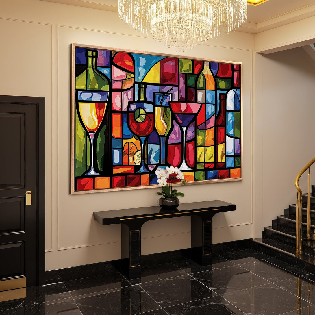 Framed Wall Art: Colorful abstract painting of cocktails and bottles. Vibrant, modern art piece with a warm, inviting color palette. Elevate your home decor.